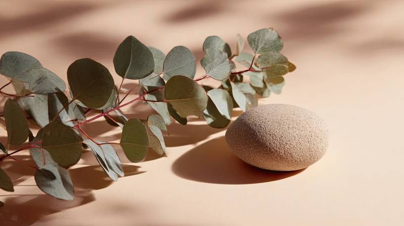 绿叶与石球的静物光影图片