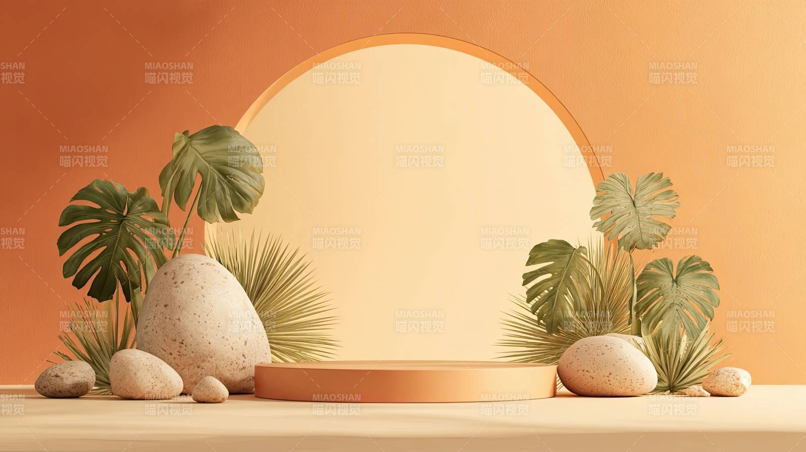 橙色背景下的绿植石块摆设图片