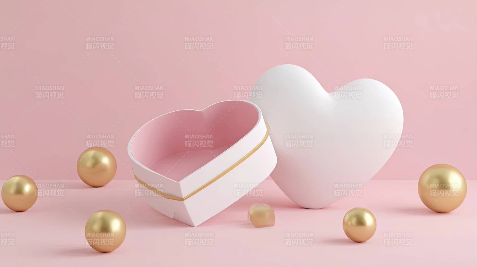 粉色背景心形礼盒与金色球图片