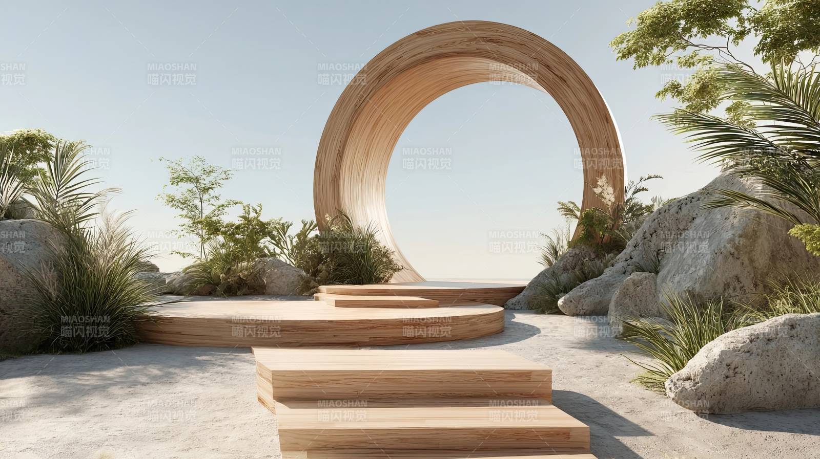 木质环形建筑与自然景观图片