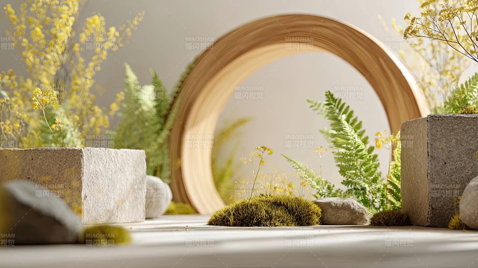 木质圆环与绿植石块摆件图片