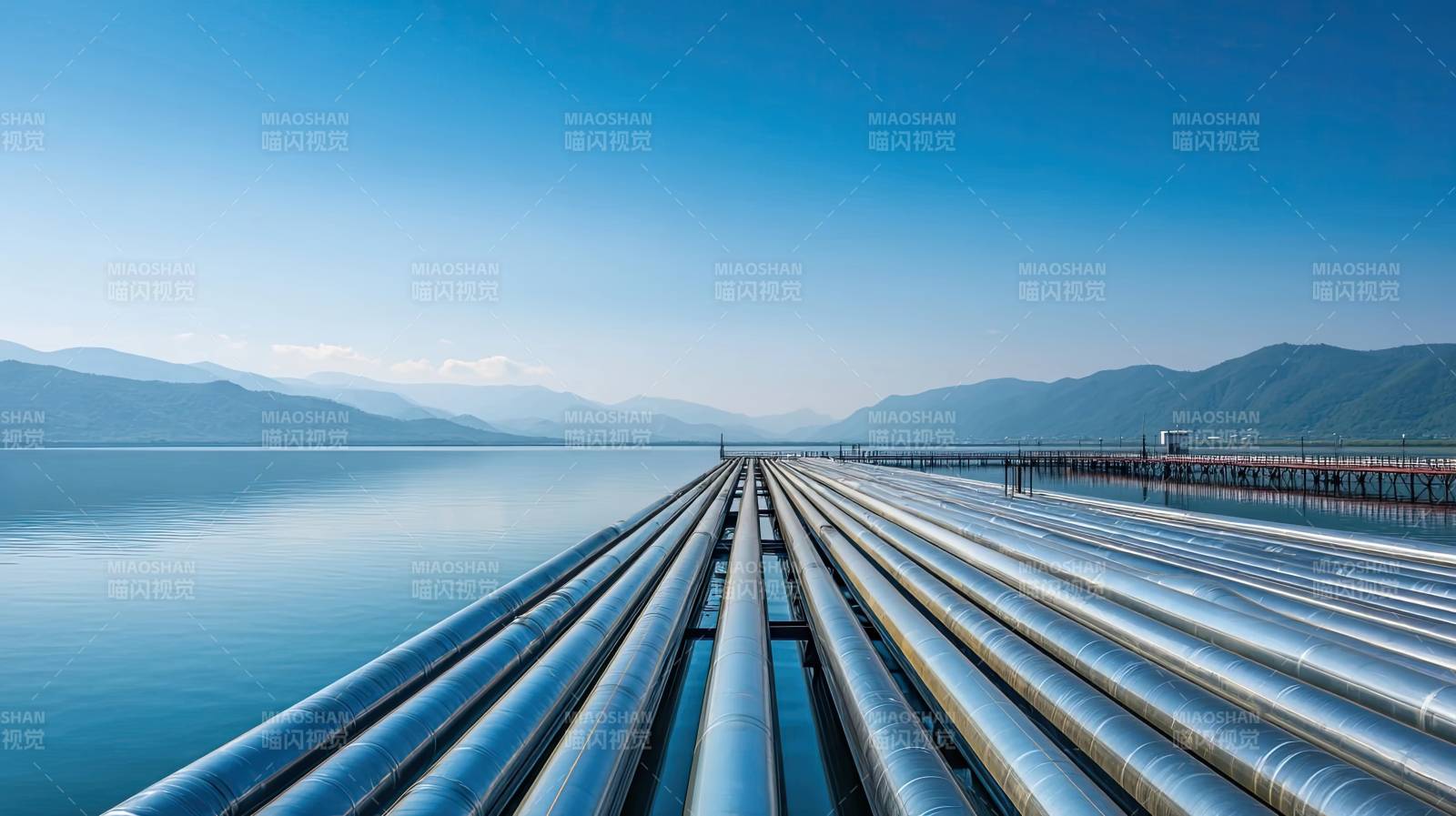 湖畔延伸的金属管道群图片