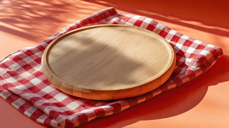 木质圆盘置于红白格布图片