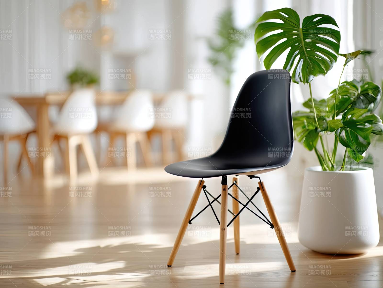 现代简约室内黑椅绿植图片