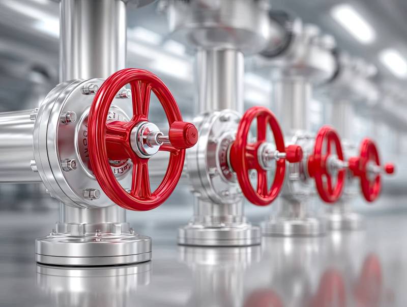 工业管道阀门排列特写图片