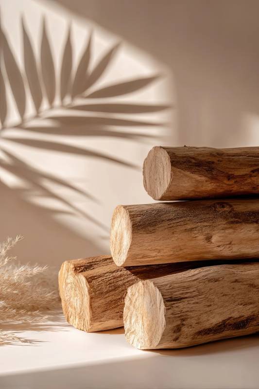 木质原木与光影植物影图片