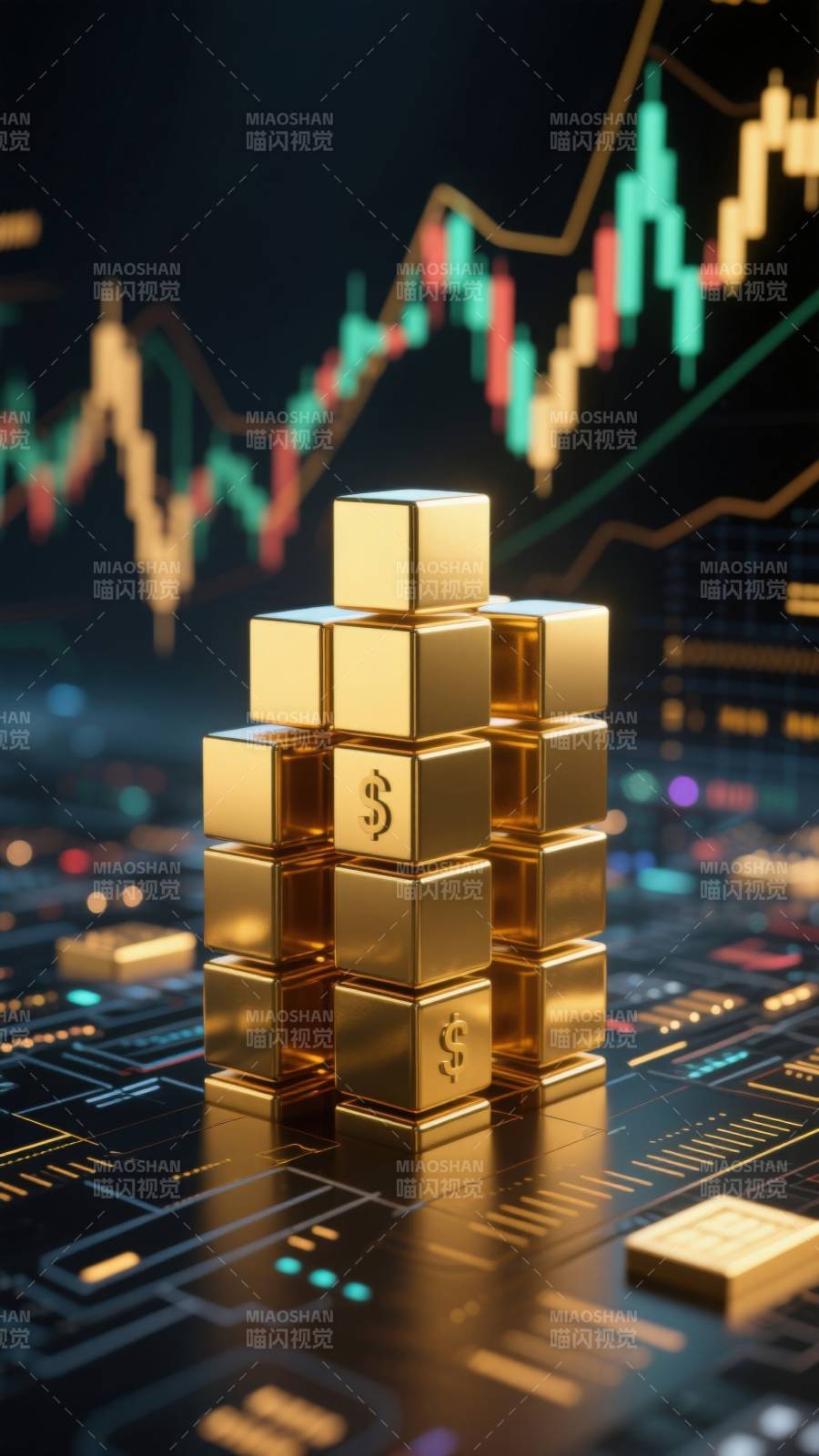 金色方块与金融图表图片