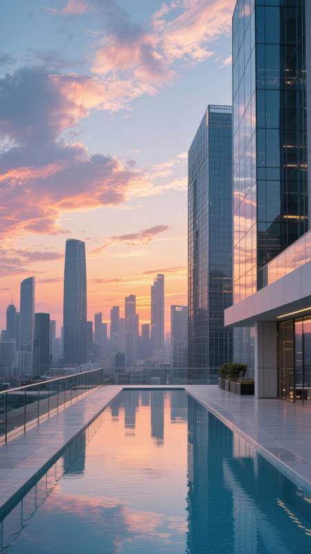 城市天际线日落泳池图片