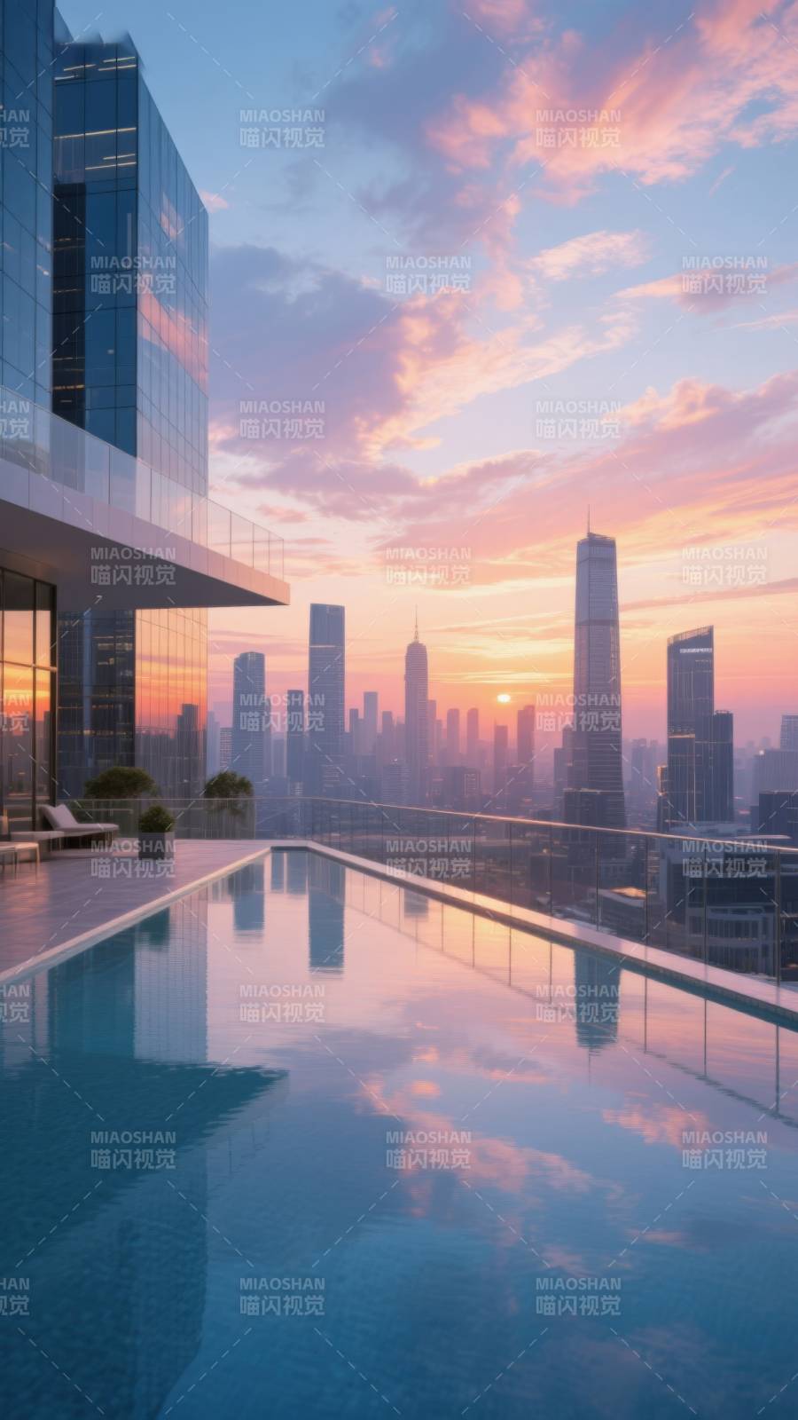 城市天际线日落泳池图片