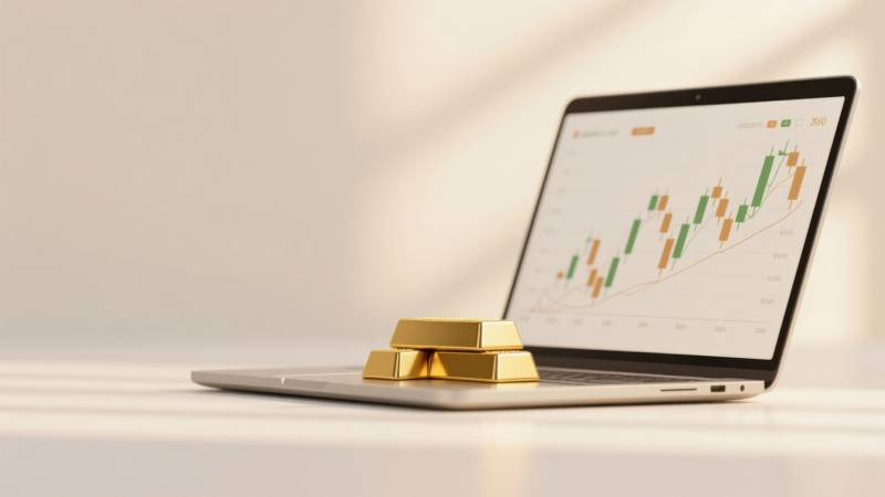 笔记本电脑与金条的金融交易图片