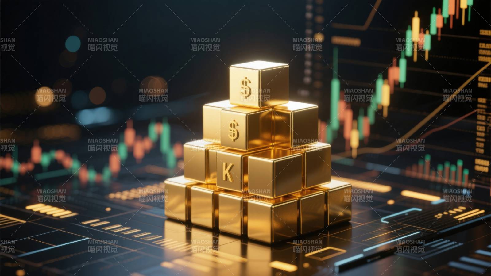 金色方块与金融图表图片