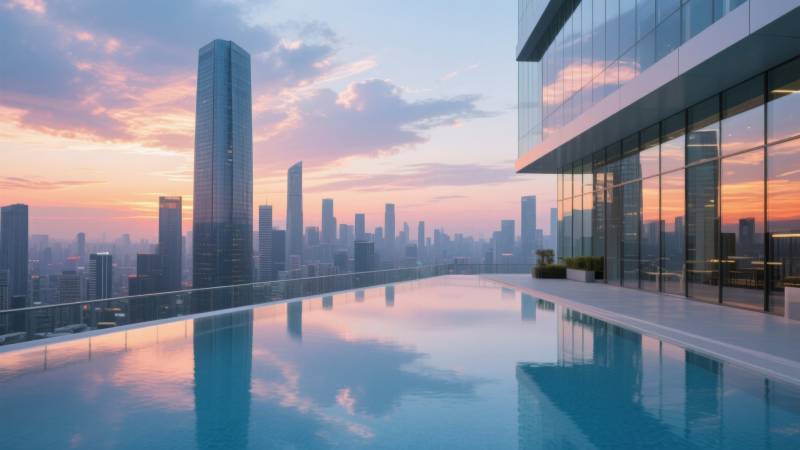 城市天际线与屋顶泳池图片