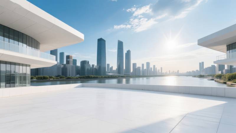 现代城市天际线与河流图片