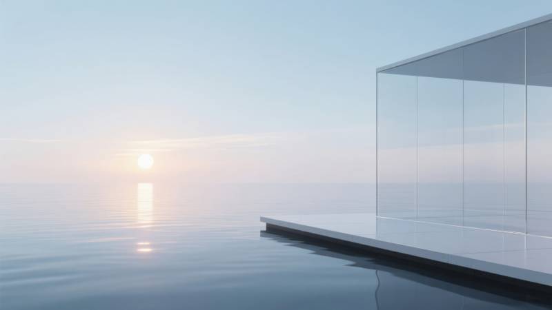 海面玻璃建筑日出图片