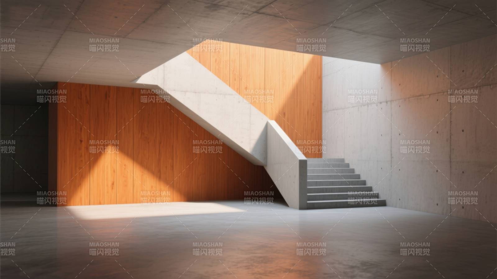 混凝土楼梯与木墙现代空间图片