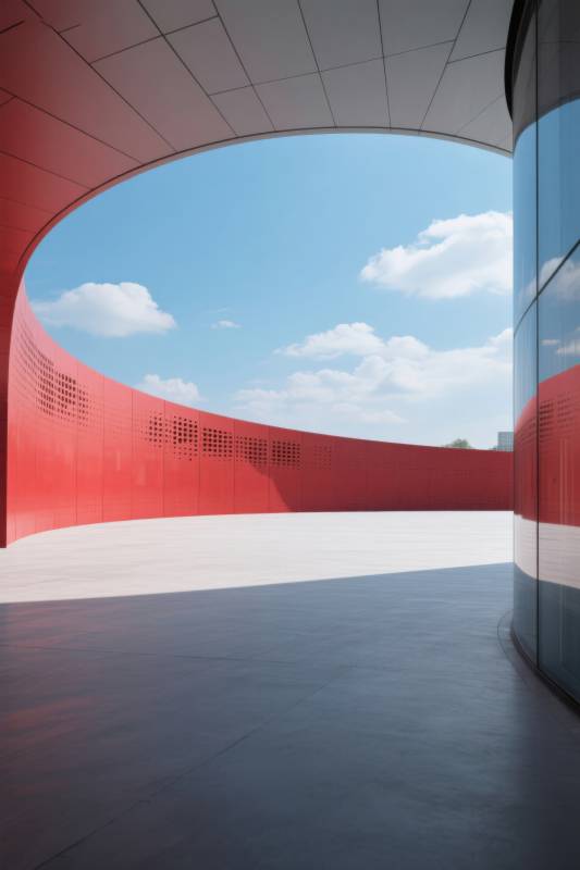 红色弧形建筑与蓝天图片