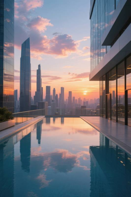 城市天际线日落泳池图片