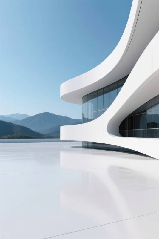 现代白色建筑与自然山水图片