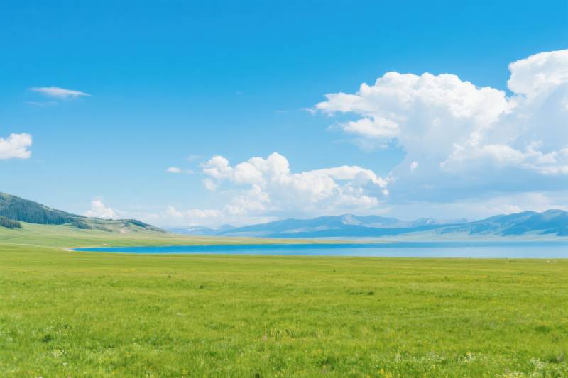 蓝天白云下的草原湖泊图片