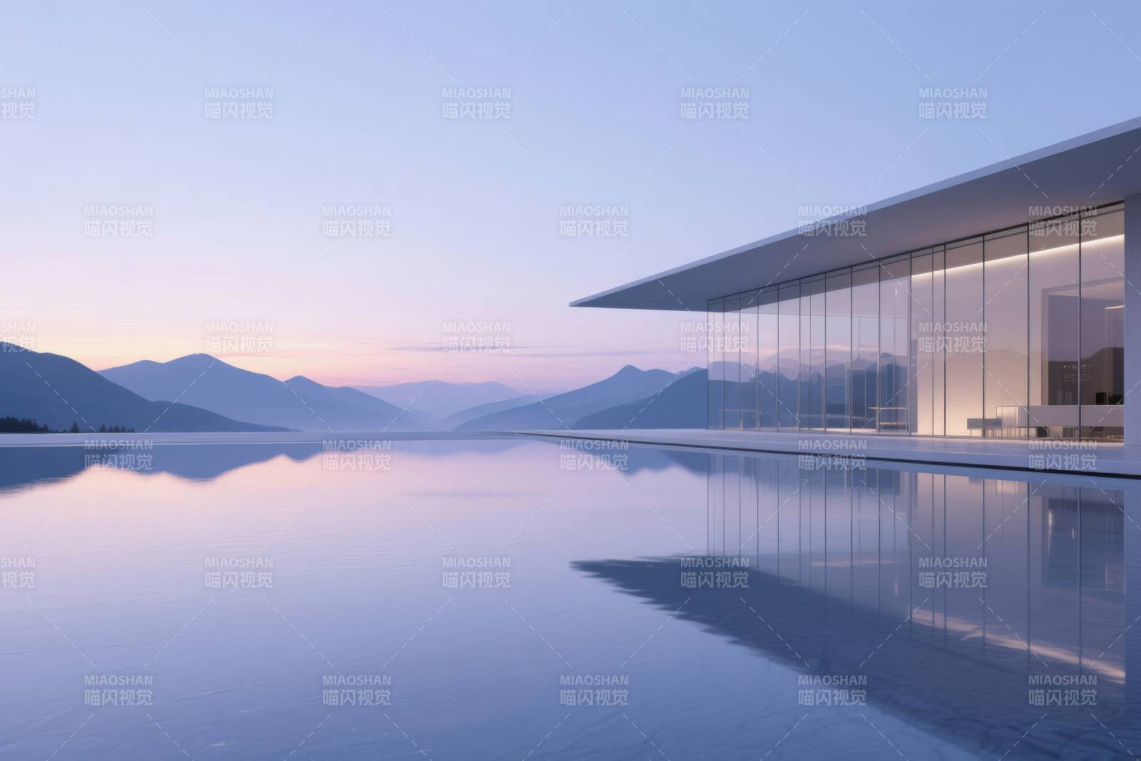 极简建筑与山水倒影图片