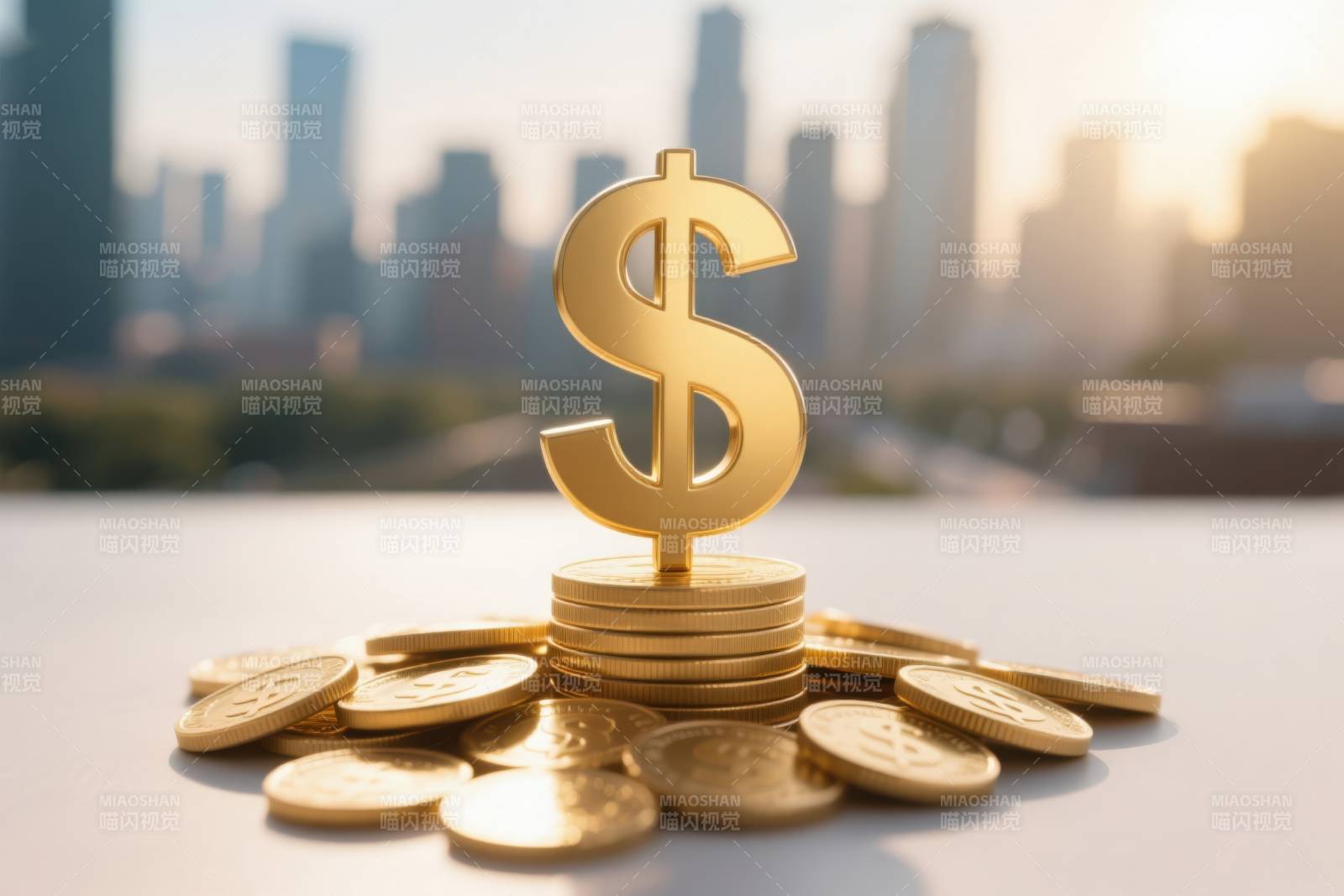 美元符号与金币城市背景图片