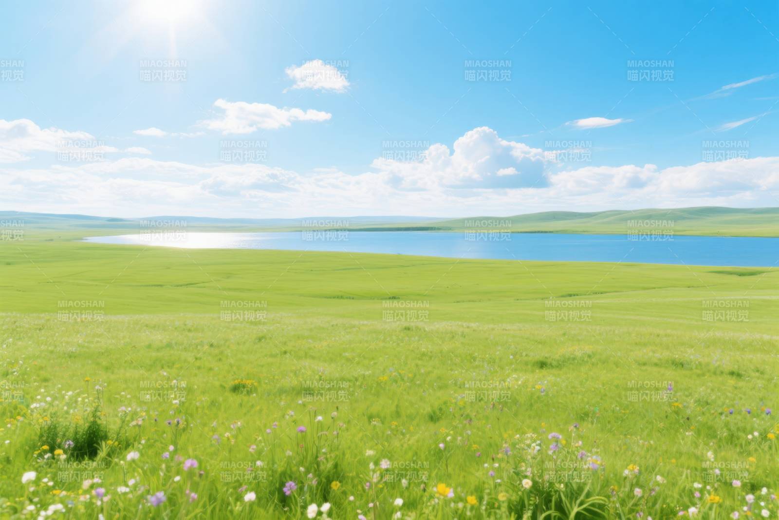 草原湖泊阳光明媚图片