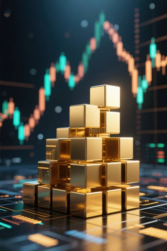 金色方块与股市图表图片