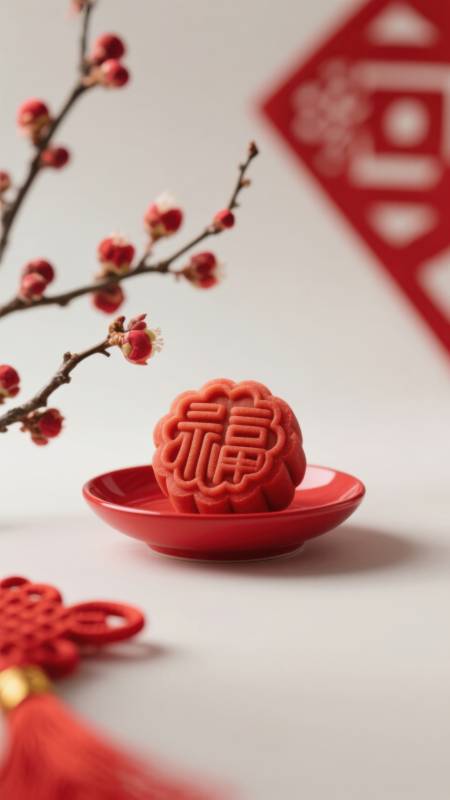 红色福字糕点与梅花图片