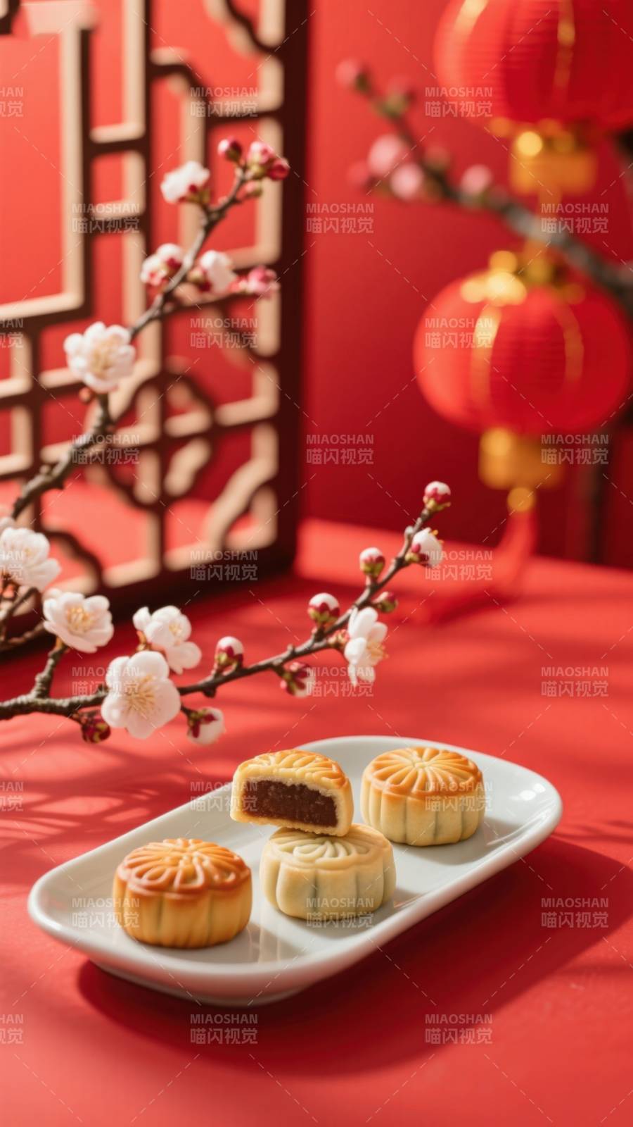 传统节日月饼与梅花图片