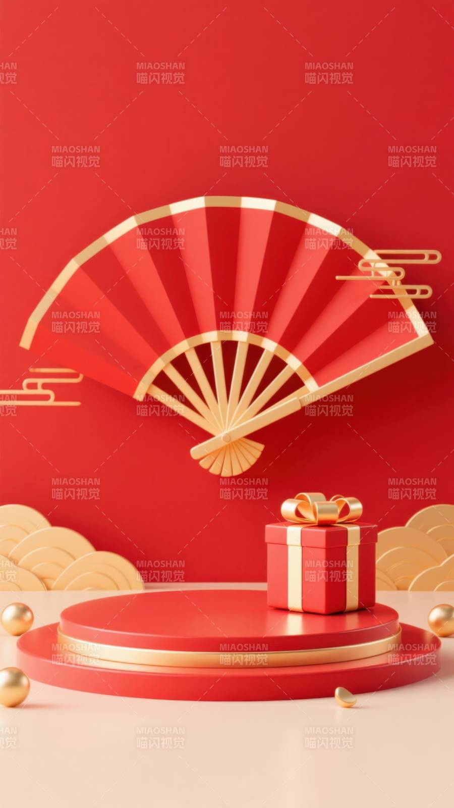 红色背景中国风扇子礼品盒图片