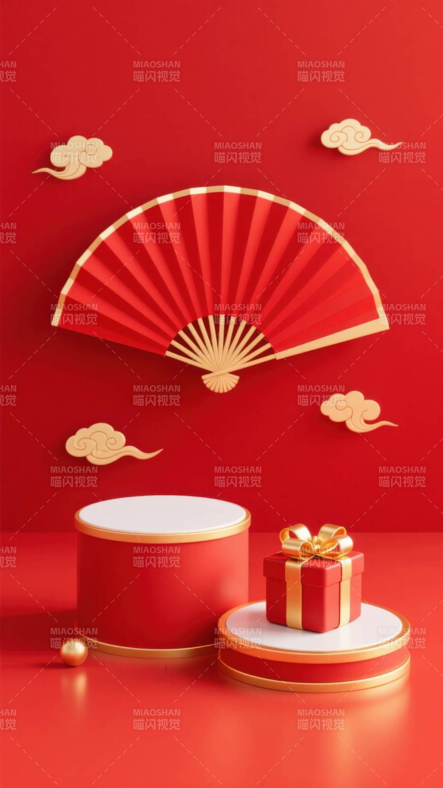 红色背景中国风扇子礼品盒图片