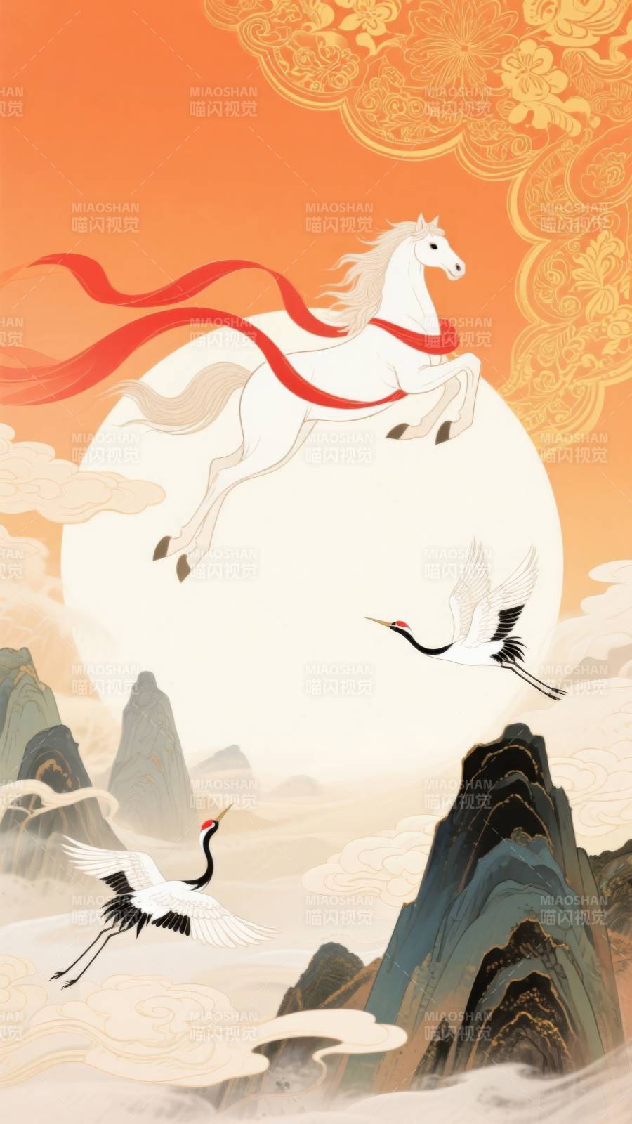 白龙马飞天仙鹤祥云图片