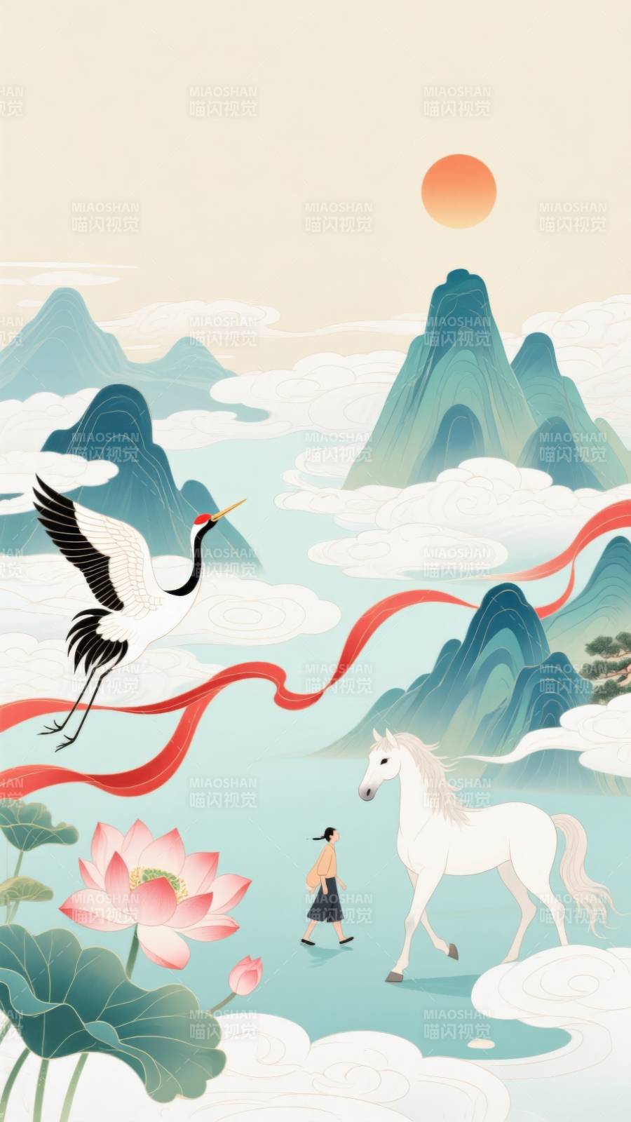 山水云间仙鹤白马图片