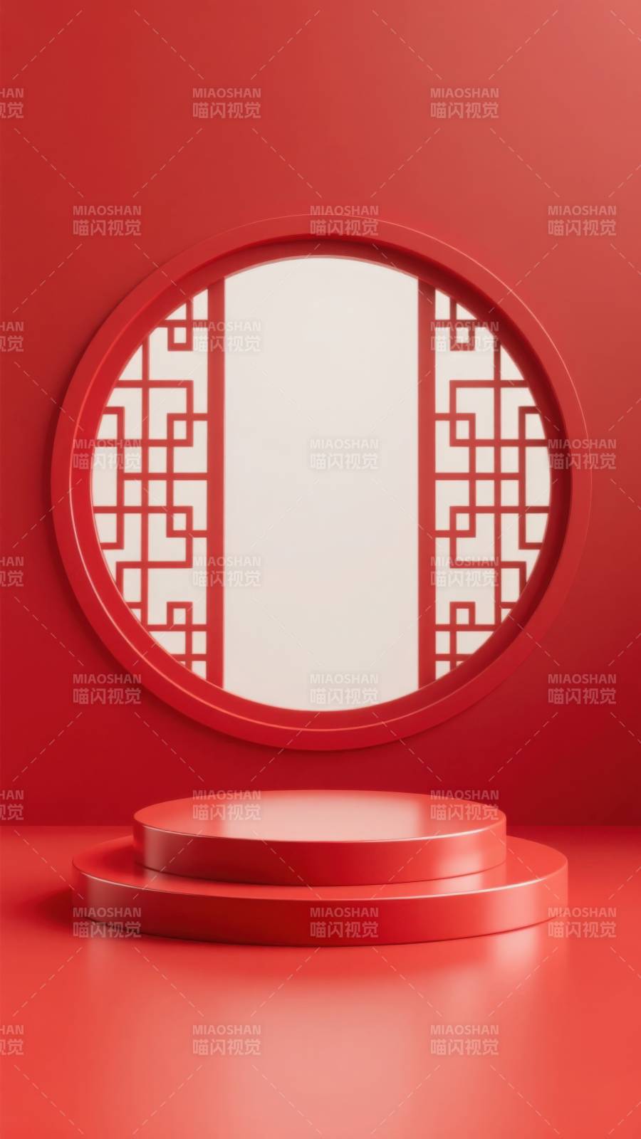 红色圆形背景中式窗台设计图片