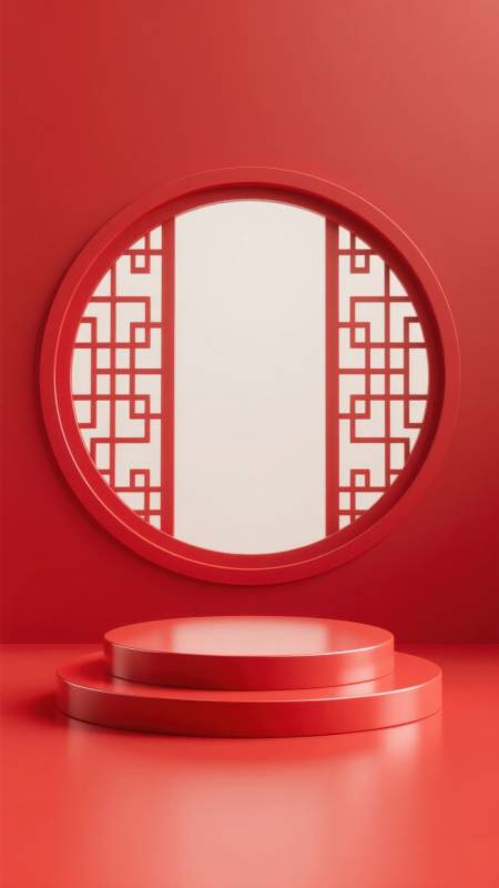 红色圆形背景中式窗台设计图片
