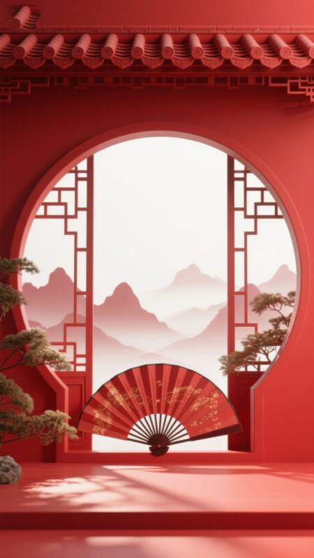 红色中式园林扇子风景图片