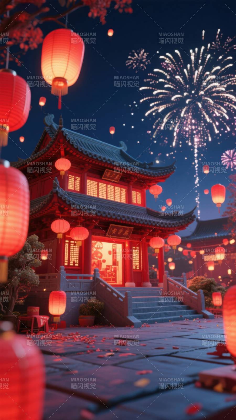 古建筑灯笼烟花夜景图片