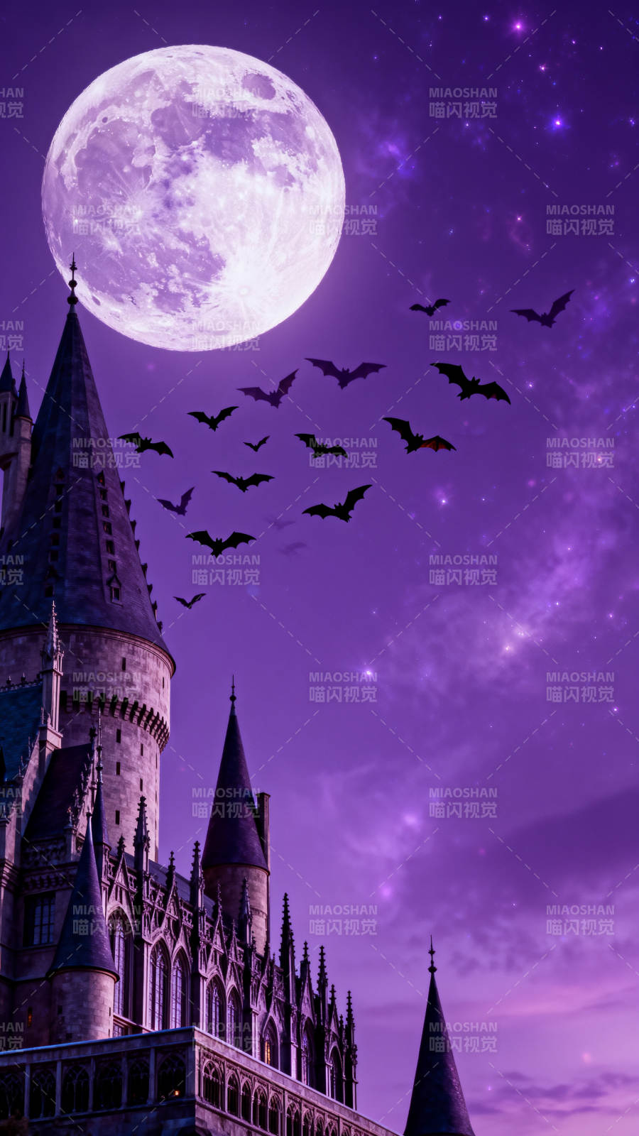 紫色夜空下的城堡与月亮图片