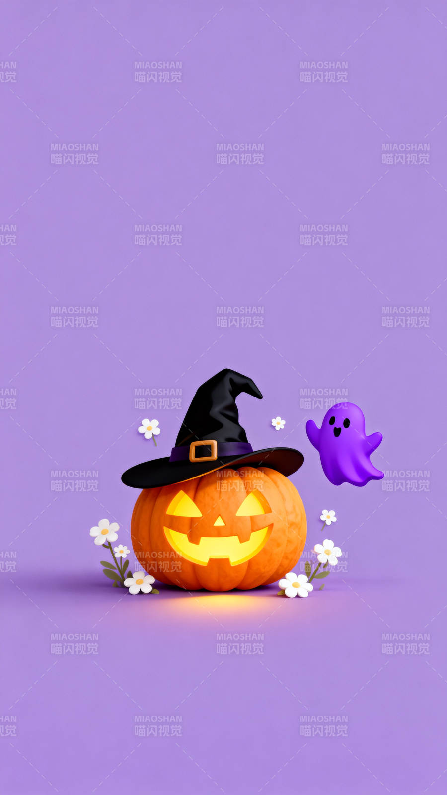 万圣节南瓜灯与紫色幽灵图片