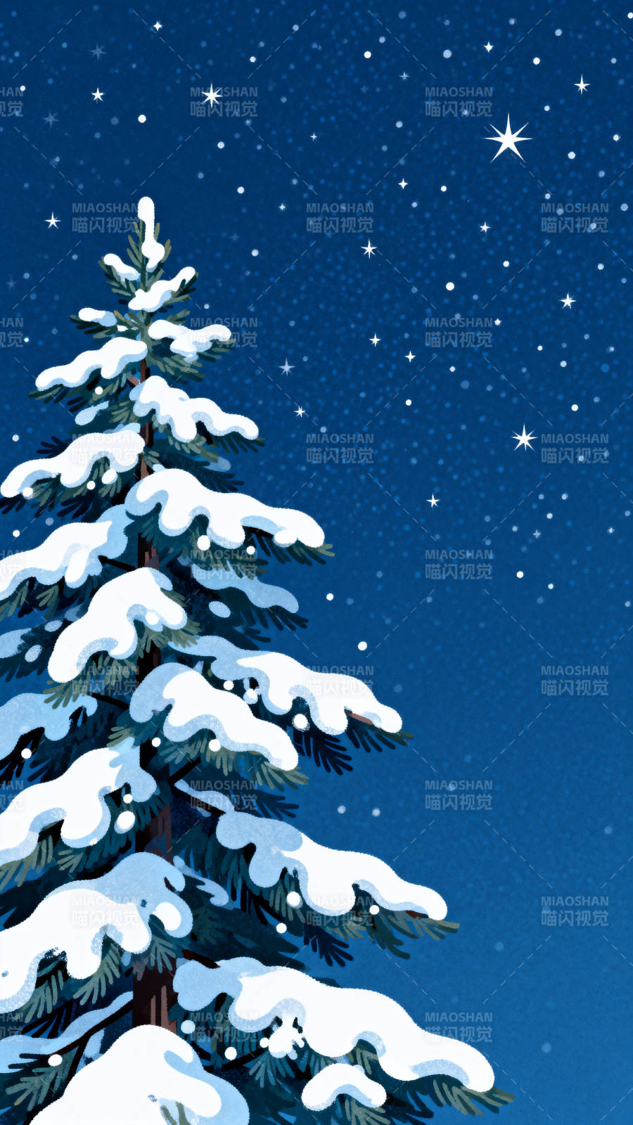 雪夜松树星空美景图片