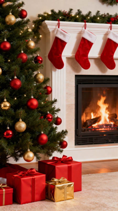 圣诞树与壁炉的节日氛围图片