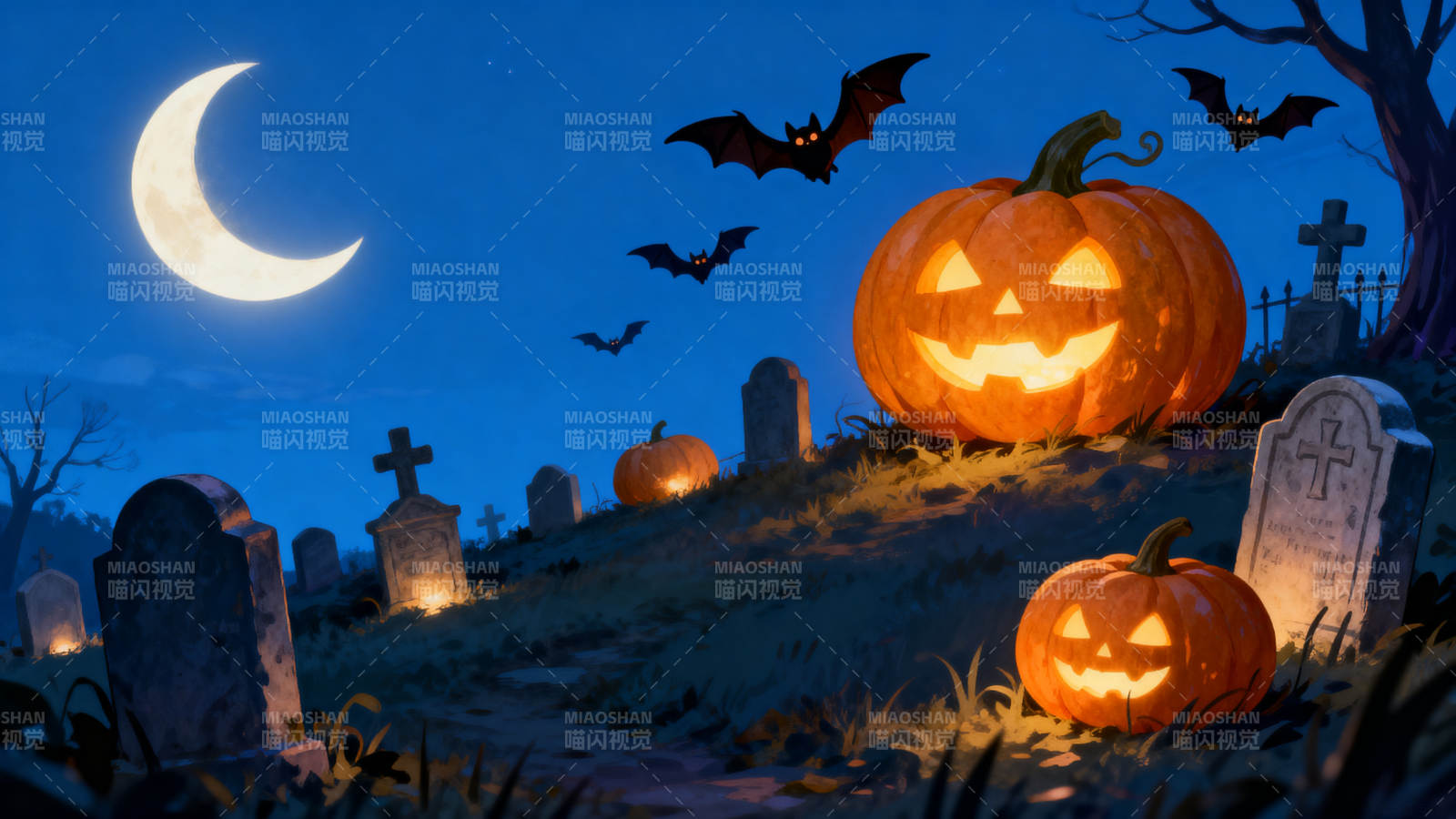 万圣节夜晚墓地南瓜灯图片