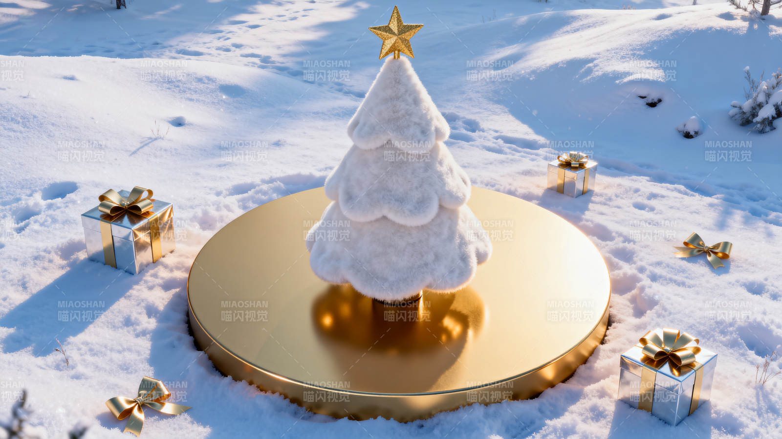雪地圣诞树与礼物图片