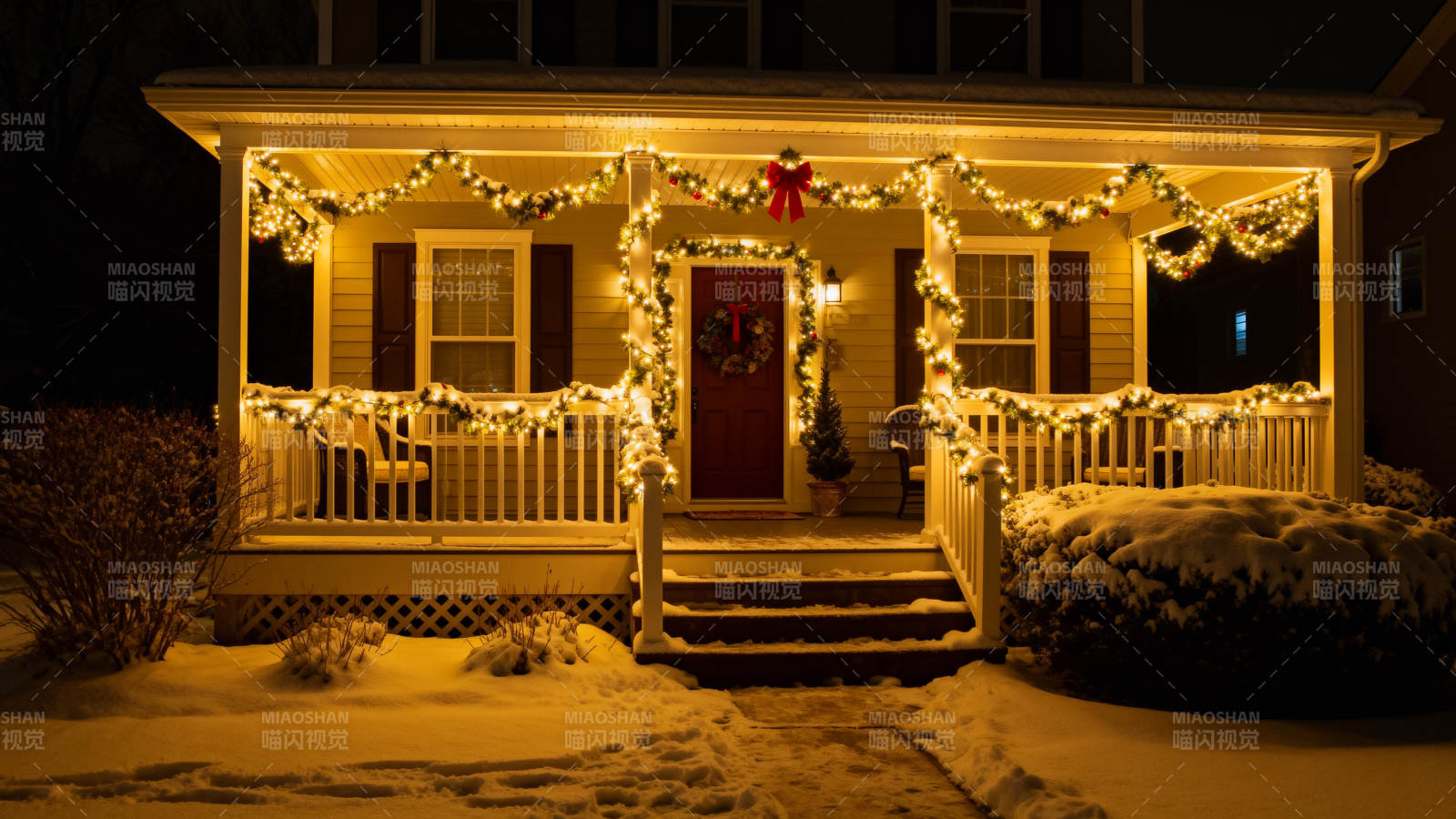 雪中圣诞前廊装饰图片