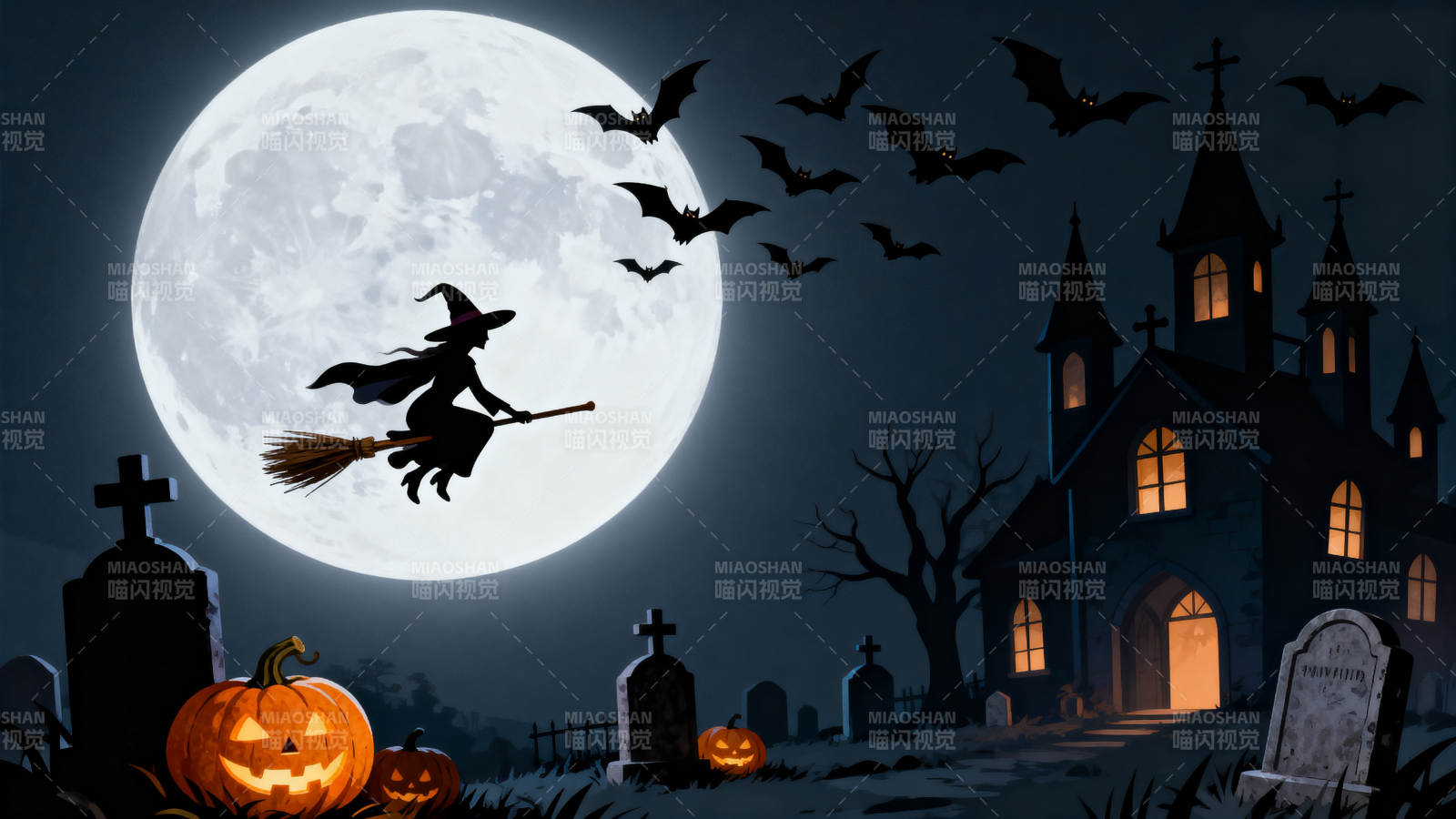 万圣节夜晚的女巫与南瓜灯图片