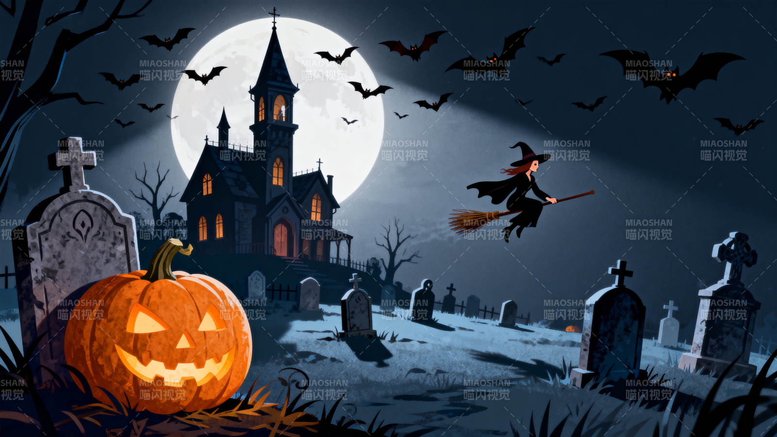万圣节夜晚的墓地与女巫图片