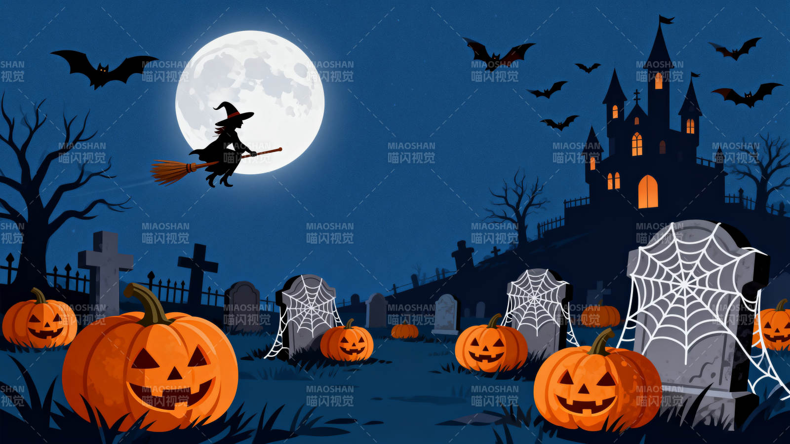 万圣节夜晚的墓地与女巫图片