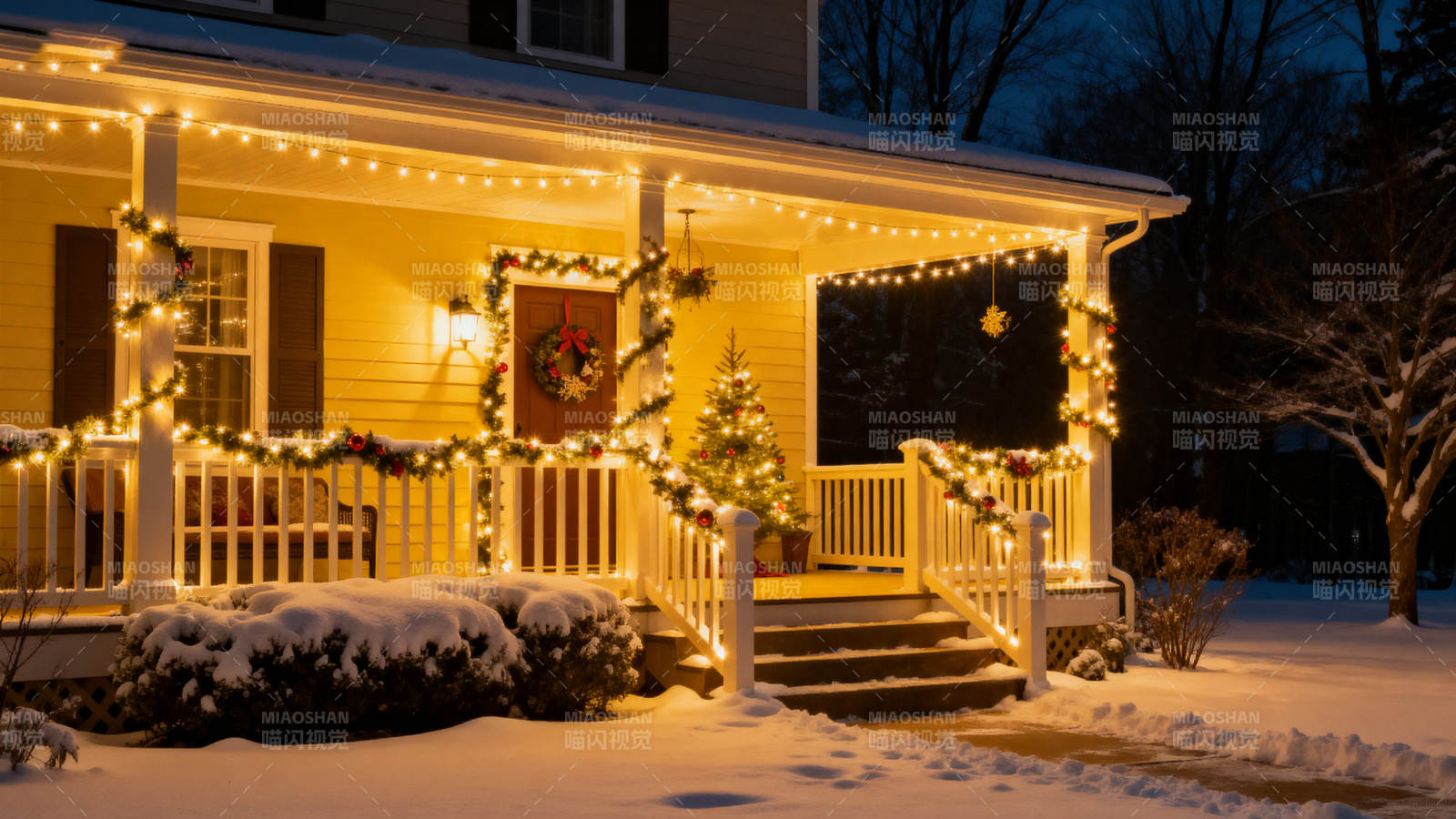 冬日圣诞前廊雪景图片