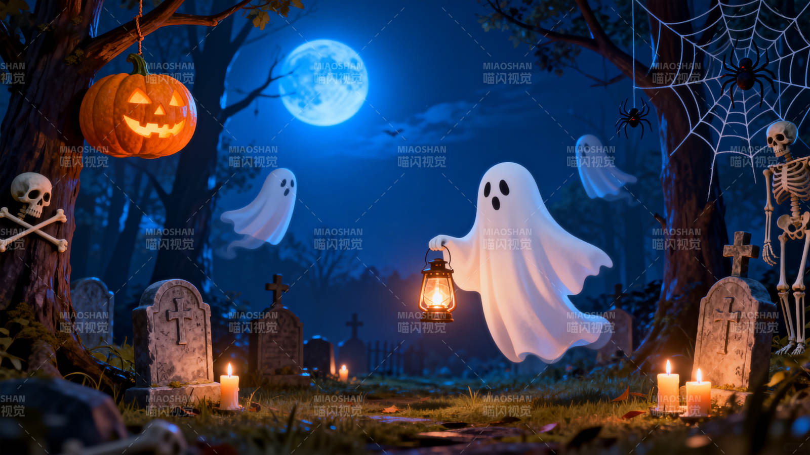 万圣节夜晚的幽灵与墓地图片