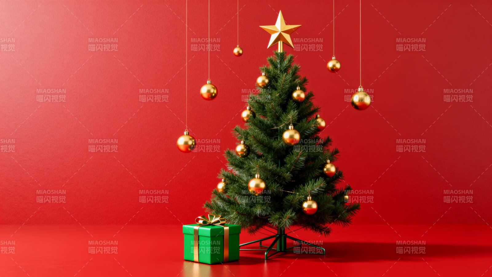 红色背景圣诞树与礼物图片